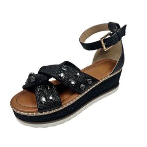 C Comfort Black Rhinestone Straw Platform Sandals Sz 9